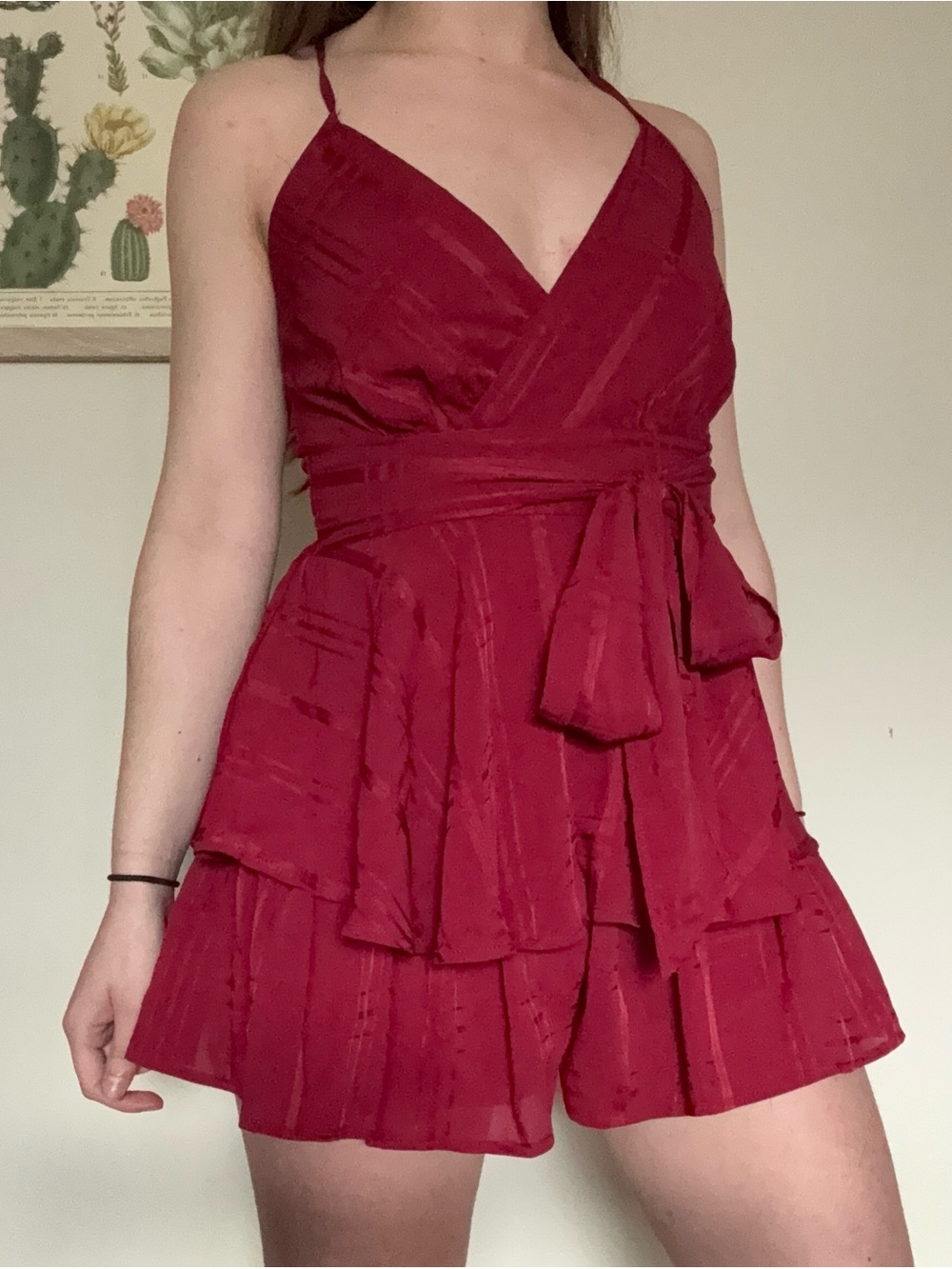 Lulus red romper with ruffles and waist tie cocktail party summer